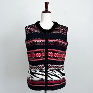 Vintage Fair Isle Nordic Faux Fur Sweater Knit Sleeveless Zip-Up Vest LARGE